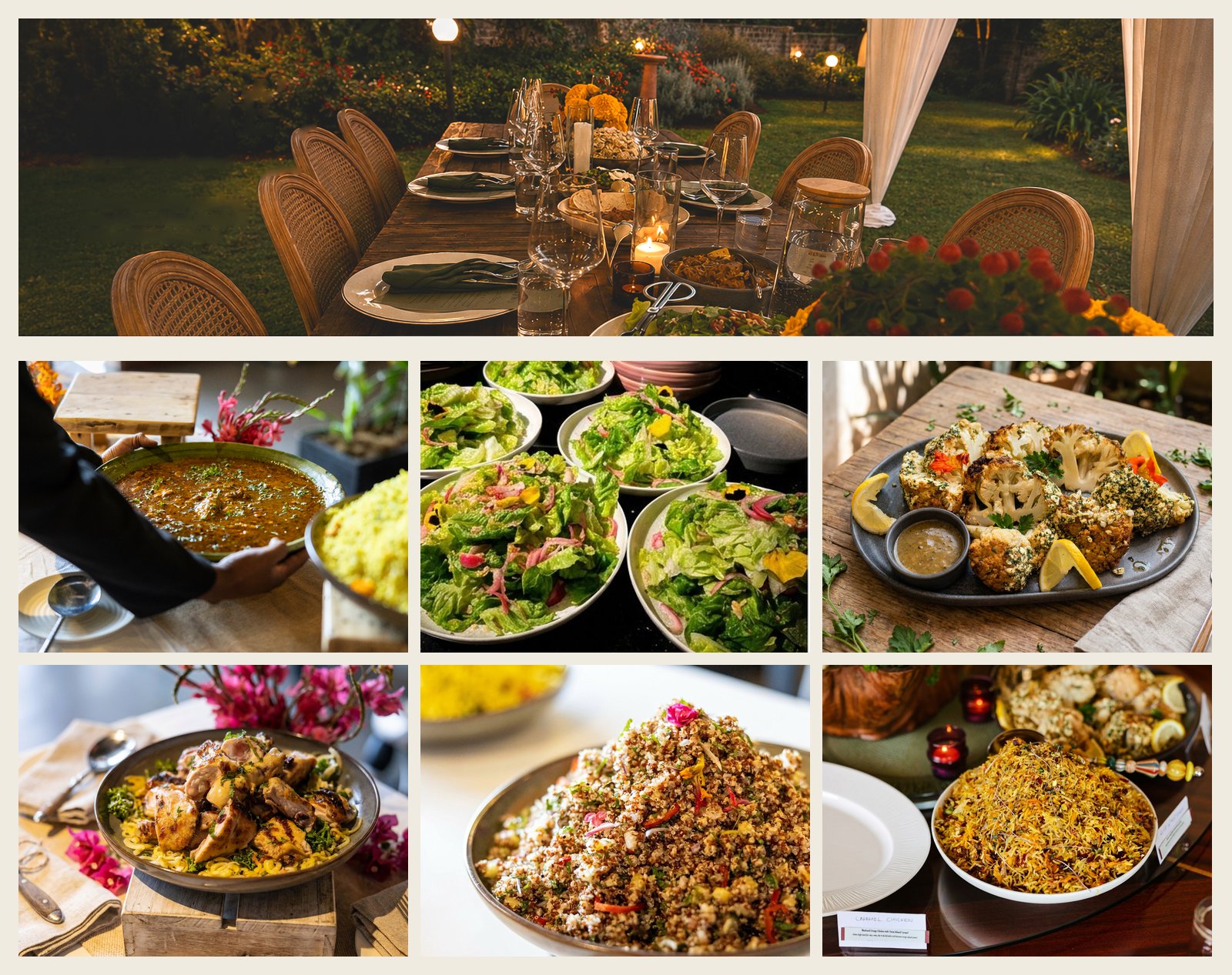 A composite of past KOMÉ events — long supper tables, signature platters and shared meals