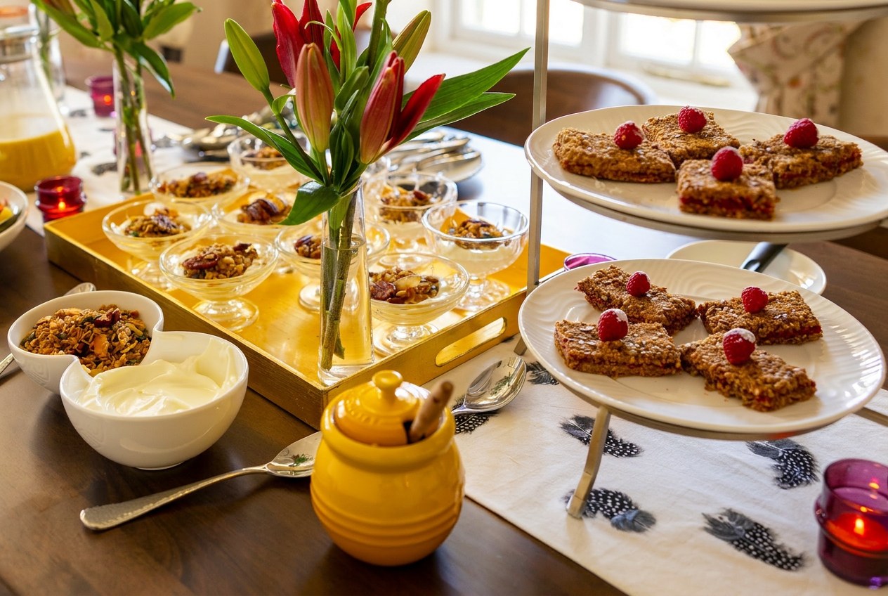 Granola in small glass bowls with red lilies and seeded raspberry breakfast bars
