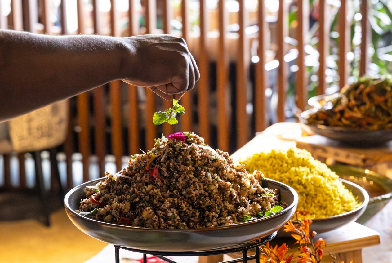 A hand finishing a mountain of toasted grain salad with herbs and edible flowers