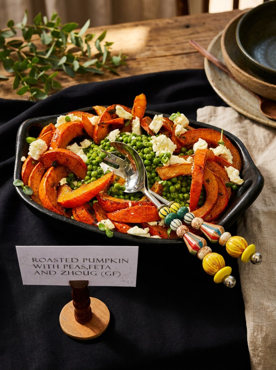 Roasted pumpkin with peas, feta and zhoug on a hand-thrown black platter