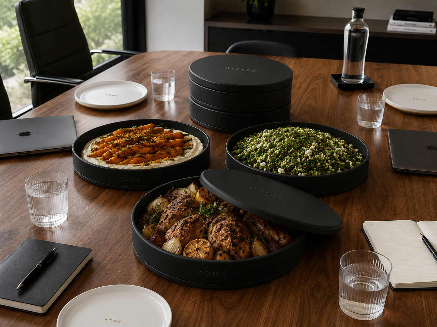 KOMÉ signature platters set on a boardroom table